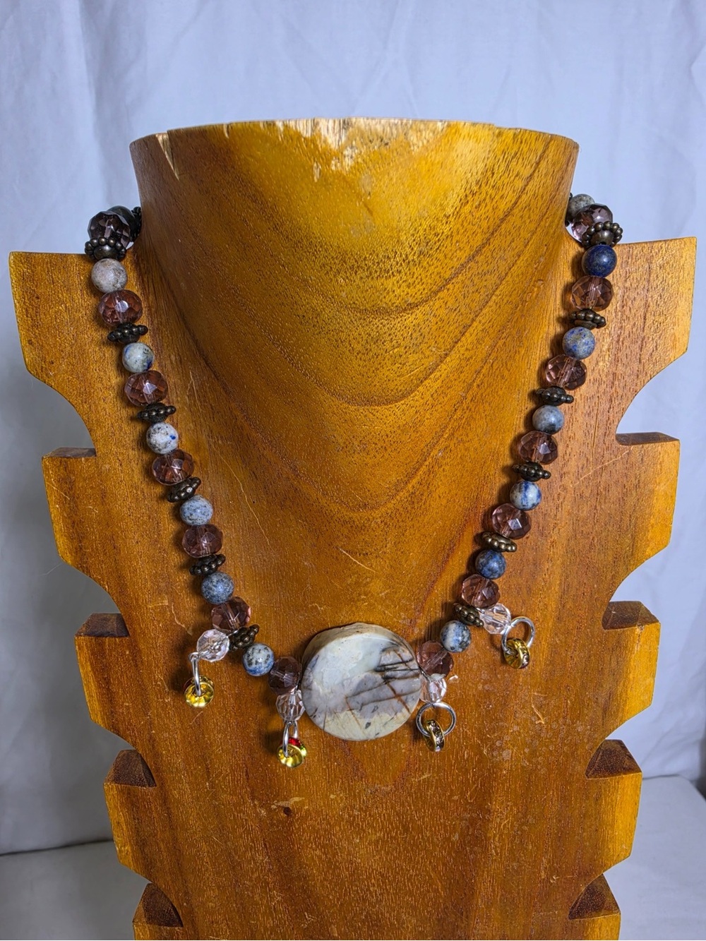 Handmade Jasper Style Beaded Necklace Blue Brown Dangle Charm Boho Statement New